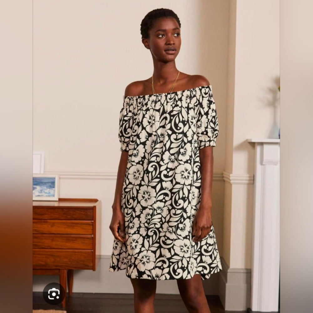 Boden Off-Shoulder Floral Mini Dress in Black and Cream